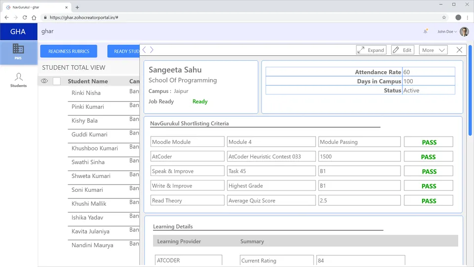 Student-centric application view