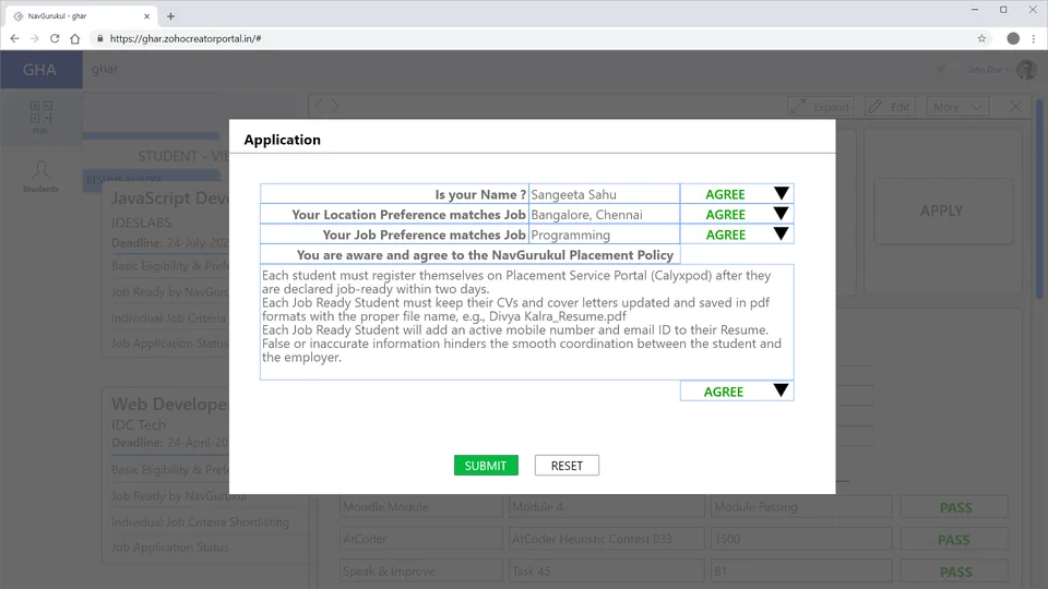 Student application confirmation