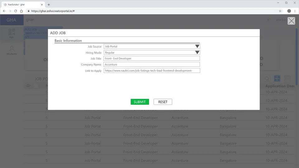 Add job — student portal settings