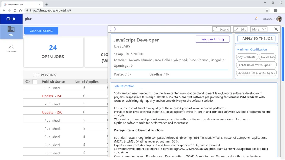 Job detail and hiring-stage view